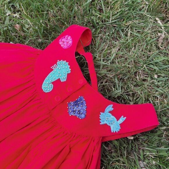 Beach theme Red 100% Cotton 80s Caftan sundress maxi criss cross back - Picture 2 of 5